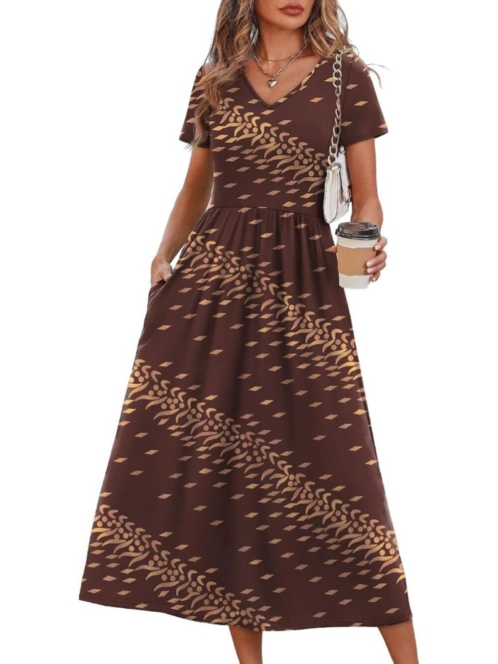Women's Brown Swirl Print polyester Blend V-Neck A Line Short Sleeve Midi Dress